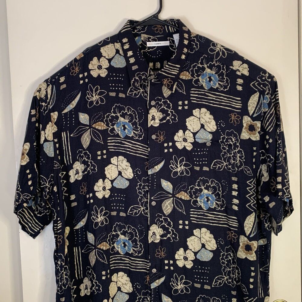 Moda Campia Moda Aloha Floralhawaiian Shirt Navy Blue Button Up Short Sleeve XXL